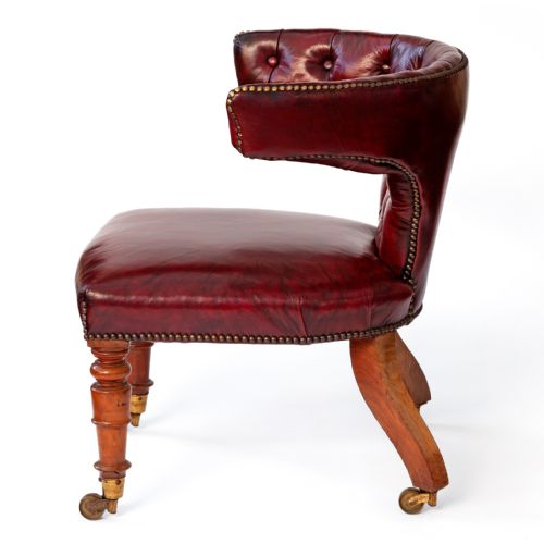 POLISHED OAK COCKFIGHTING CHAIR IN DARK RED LEATHER - ADDITIONAL PHOTO 1