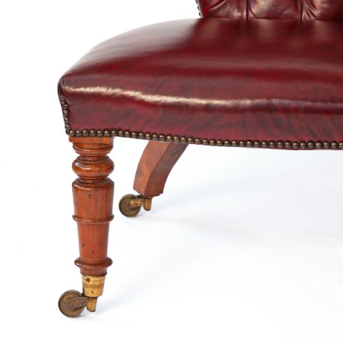 POLISHED OAK COCKFIGHTING CHAIR IN DARK RED LEATHER - ADDITIONAL PHOTO 2