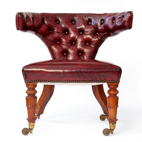 POLISHED OAK COCKFIGHTING CHAIR IN DARK RED LEATHER - ADDITIONAL PHOTO 4