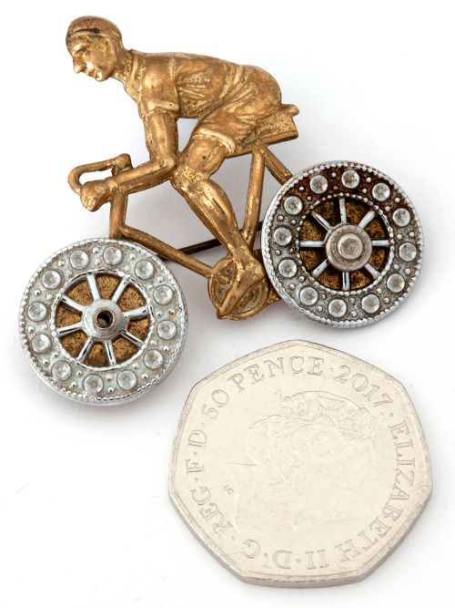 PRESSED BRASS CYCLING BROOCH WITH WORKING WHEELS - ADDITIONAL PHOTO 2