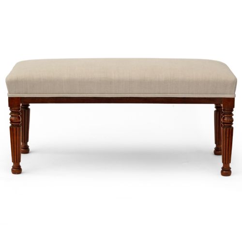 WALNUT HALL BENCH WITH FLUTED LEGS RECOVERED IN BEIGE LINEN - ADDITIONAL PHOTO 2