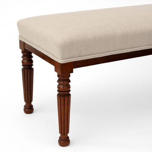 WALNUT HALL BENCH WITH FLUTED LEGS RECOVERED IN BEIGE LINEN - ADDITIONAL PHOTO 3