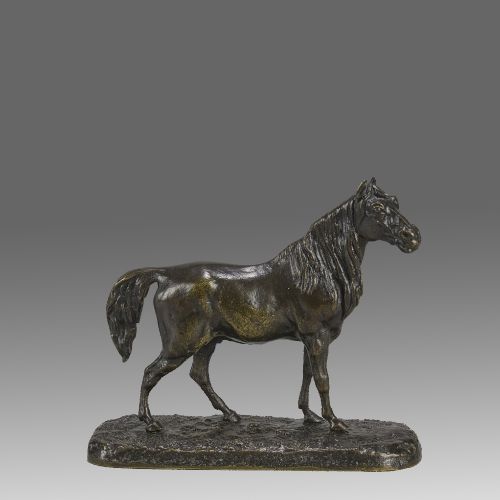 fig 1. A nineteenth-century dark patinated bronze sculpture depicting a standing Arabian horse on a textured ground base.