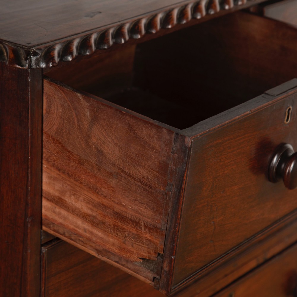 An early nineteenth-century dark padouk wood campaign chest of drawers featuring turned handles, brass escutcheons, carved gadrooned borders, and turned feet. View IV