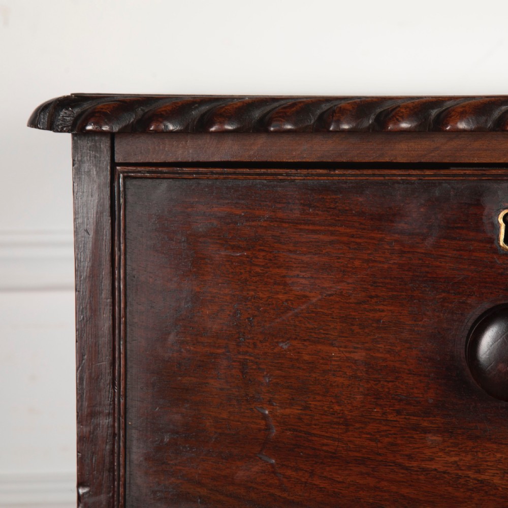 An early nineteenth-century dark padouk wood campaign chest of drawers featuring turned handles, brass escutcheons, carved gadrooned borders, and turned feet. View VII