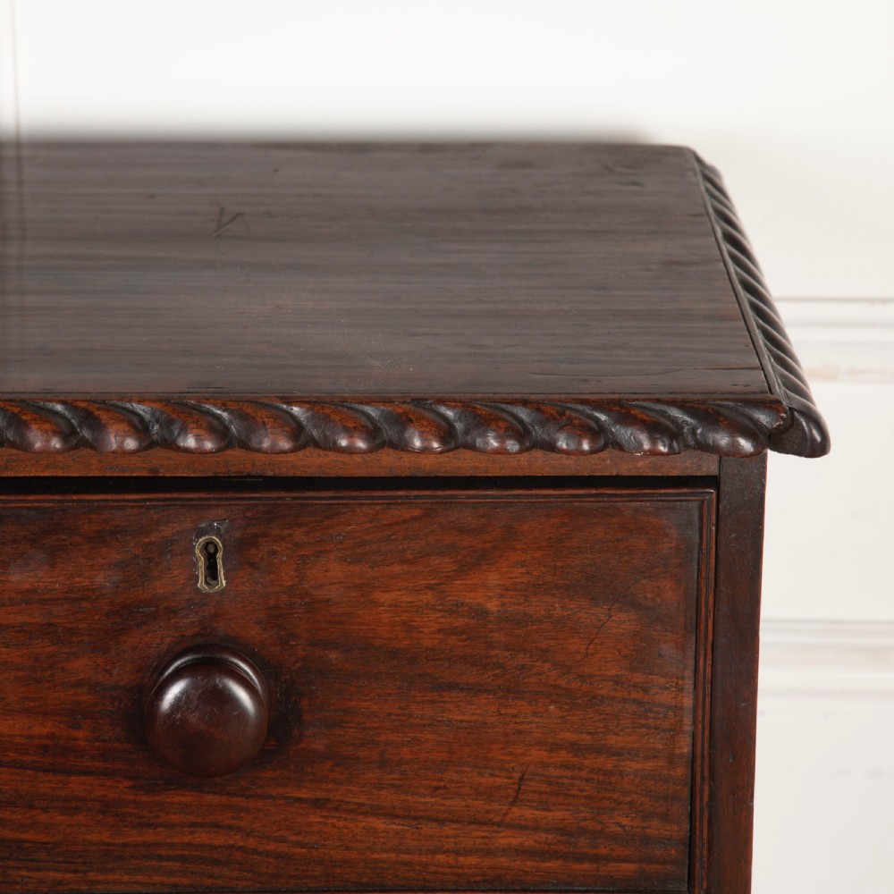 An early nineteenth-century dark padouk wood campaign chest of drawers featuring turned handles, brass escutcheons, carved gadrooned borders, and turned feet. View VIII