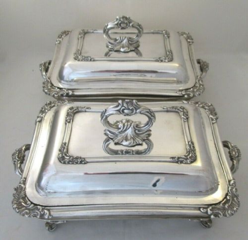 19thc Pair of Old Sheffield Plated Lidded Tureens on Warming Dishes
