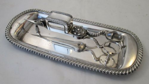fig 1. Mechanical Snuffer Snips on Old Sheffield Plate Tray Matthew Boulton c1810