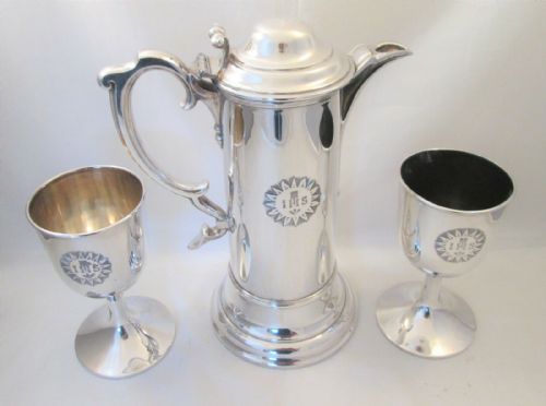 19thc Silver Plated Communion Jug & 2 Goblets - Walker & Hall