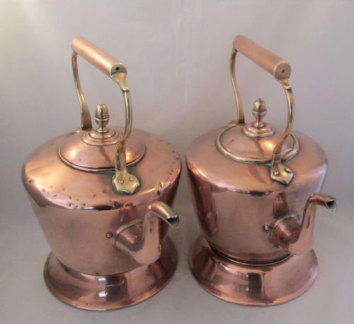 Fine Pair of 19thc Copper Kettles on Warmers / Stands