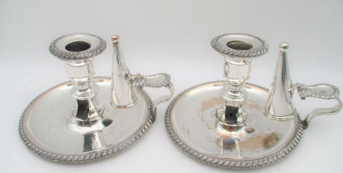 A Pair of Old Sheffield Plated Chamber Candlesticks C1830 by Waterhouse