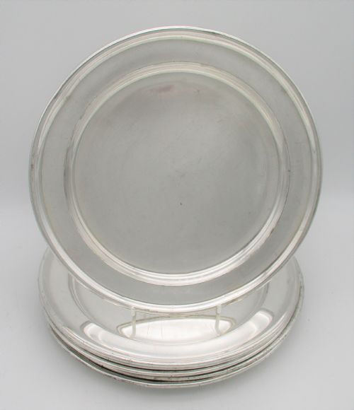 fig 1. A Rare Set of 6 Silver Plated Dinner Plates by Elkington c1920