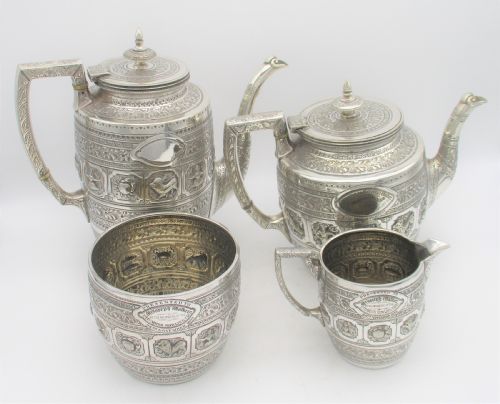 A Rare 4 Piece Silver Plated Tea Set - Zodiac Pattern