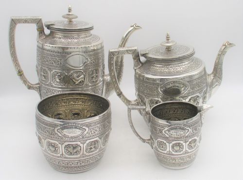 fig 1. A Rare 4 Piece Silver Plated Tea Set - Zodiac Pattern