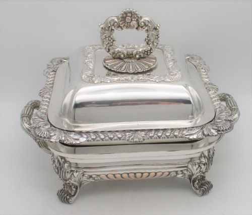 Unusual Square Old Sheffield Plated Tureen on Warming Stand C1820