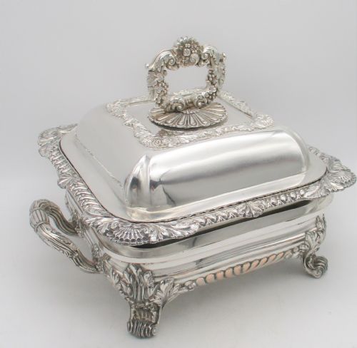 fig 1. Unusual Square Old Sheffield Plated Tureen on Warming Stand c1820