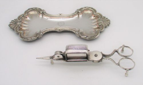 A Fine Pair of Old Sheffield Plated Candle Snuffer Snips on Tray