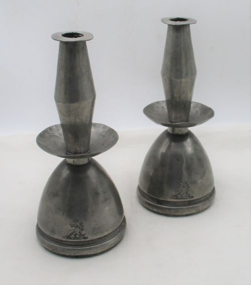 Rare Pair of Early 19th Century Pewter Candlesticks - Crested
