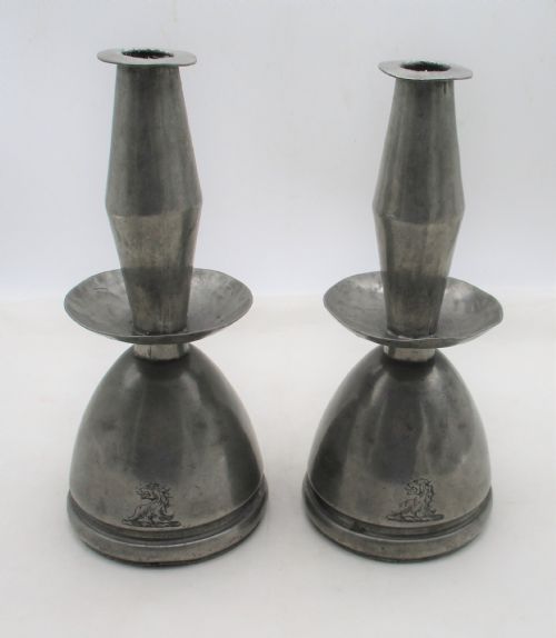 fig 1. Rare Pair of Early 19th Century Pewter Candlesticks - Crested