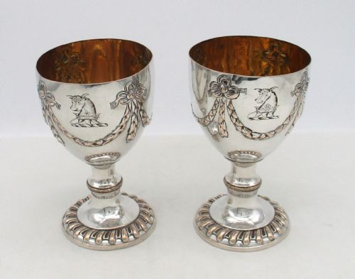 Rare Pair of Old Sheffield Plated Wine Goblets C1780