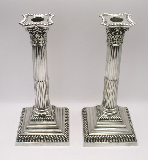 Pair of Silver Plated Column Candlesticks by Mappin & Webb