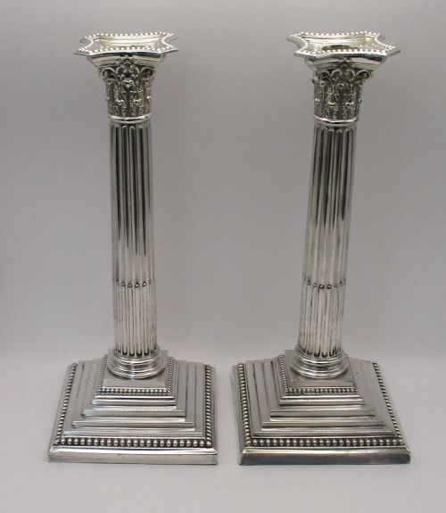 Tall Silver Plated Column Candlesticks by Mappin Bros