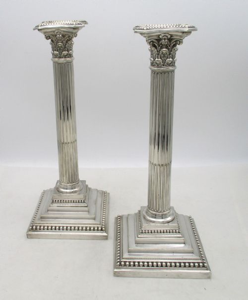 Good Tall Pair of Silver Plated Column Candlesticks by William Hutton