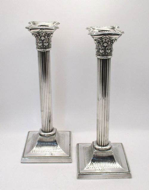 Large Pair of Silver Plated Corinthian Column Candlesticks