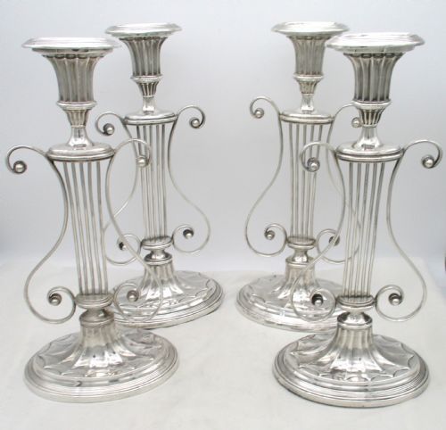 Set of 4 18th Century Old Sheffield Plated Lyre Candlesticks