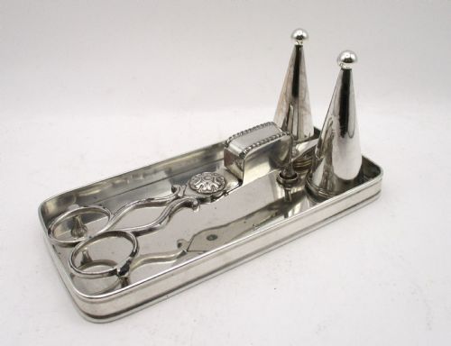 fig 1. Rare Pair of Old Sheffield Plated Snips & 2 Snuffers on Tray c1810
