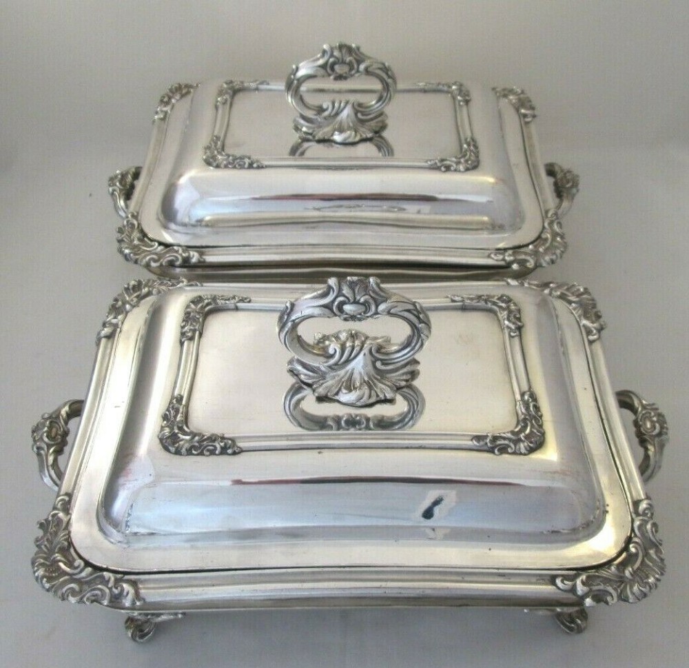 19thC Pair of Old Sheffield Plated Lidded Tureens on Warming Dishes