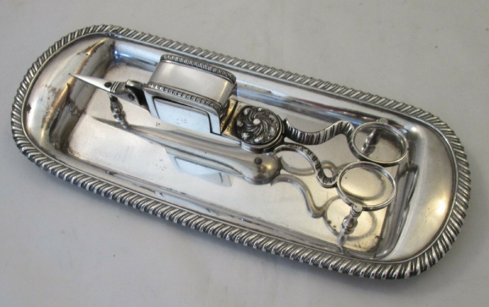 Mechanical Snuffer Snips on Old Sheffield Plate Tray Matthew Boulton c1810