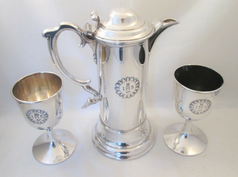 19thC Silver Plated Communion Jug & 2 Goblets - Walker & Hall