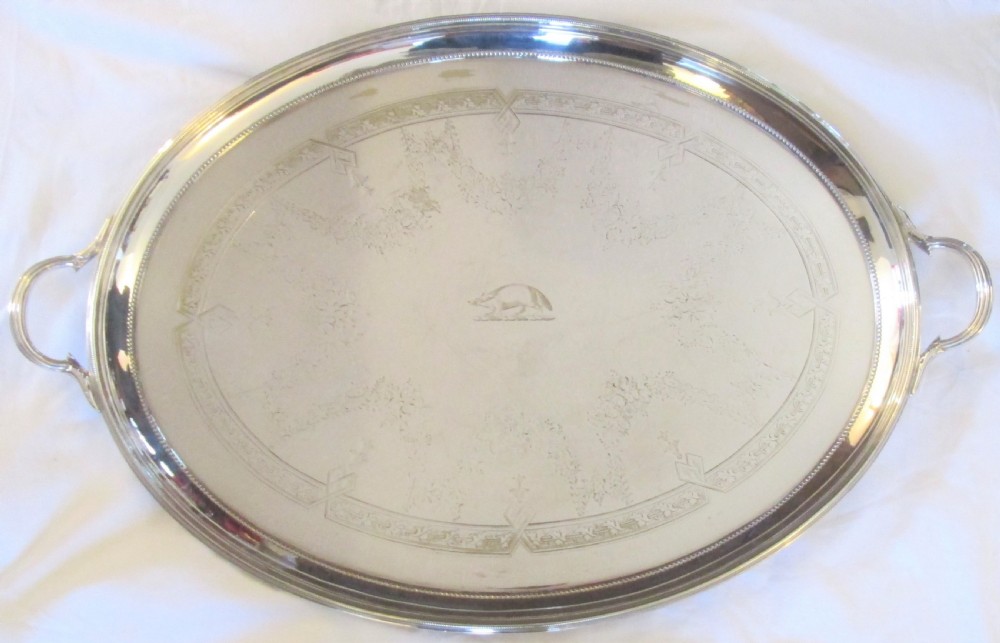 Very Large 19th Century Silver Plated Tray with  Racoon Crest