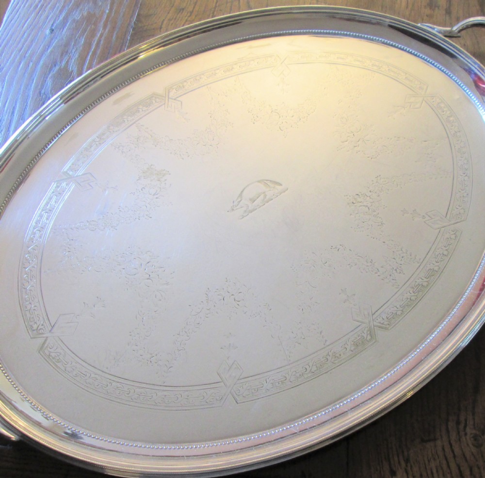 Very Large 19th Century Silver Plated Tray with  Racoon Crest View II