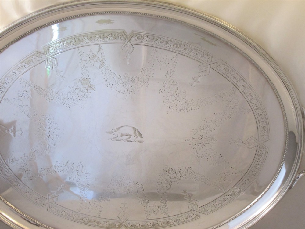 Very Large 19th Century Silver Plated Tray with  Racoon Crest View III