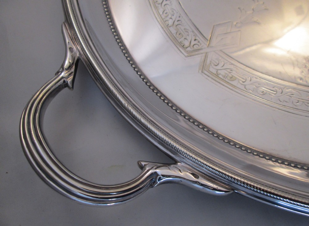 Very Large 19th Century Silver Plated Tray with  Racoon Crest View VII
