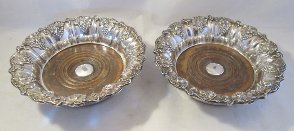 Fine Pair of Old Sheffield Plated Wine Bottle Coasters c1830 Grape Vine Motif