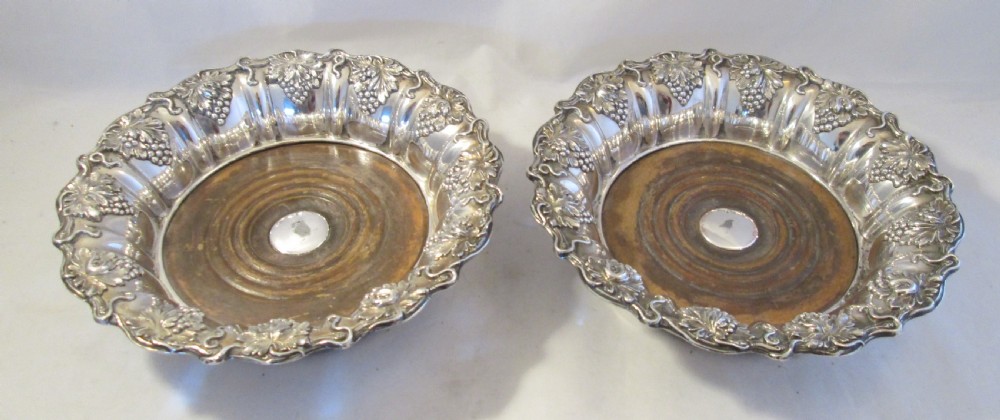 Fine Pair of Old Sheffield Plated Wine Bottle Coasters c1830 Grape Vine Motif View II