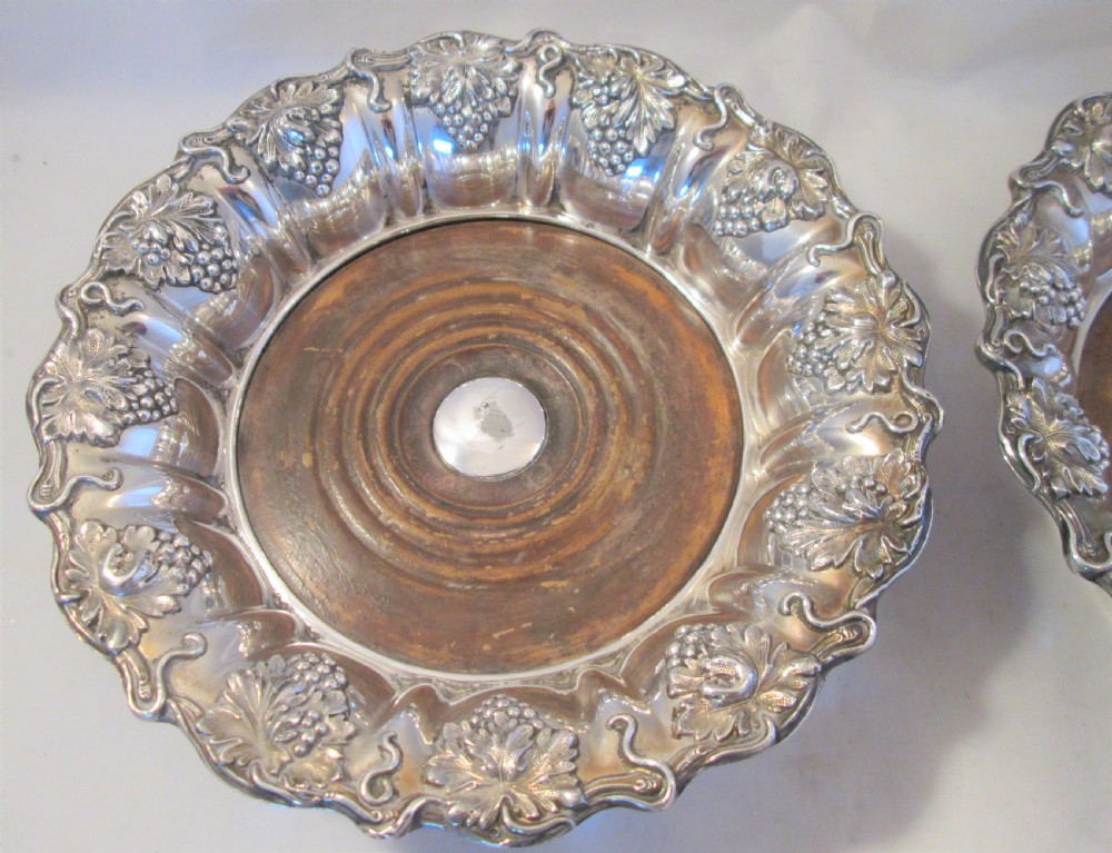 Fine Pair of Old Sheffield Plated Wine Bottle Coasters c1830 Grape Vine Motif View III