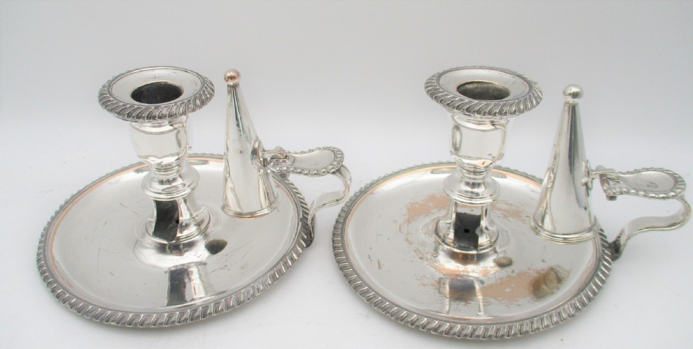 A Pair of Old Sheffield Plated Chamber Candlesticks c1830 by Waterhouse