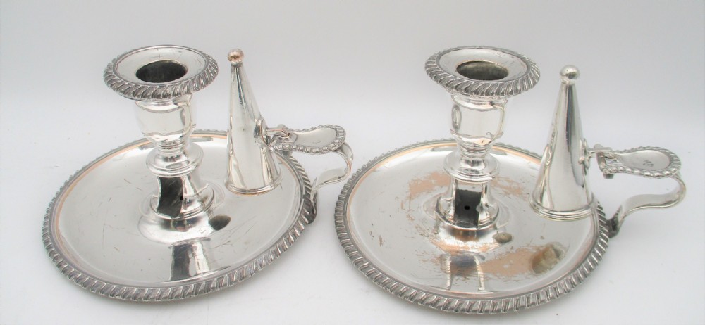 A Pair of Old Sheffield Plated Chamber Candlesticks c1830 by Waterhouse View II