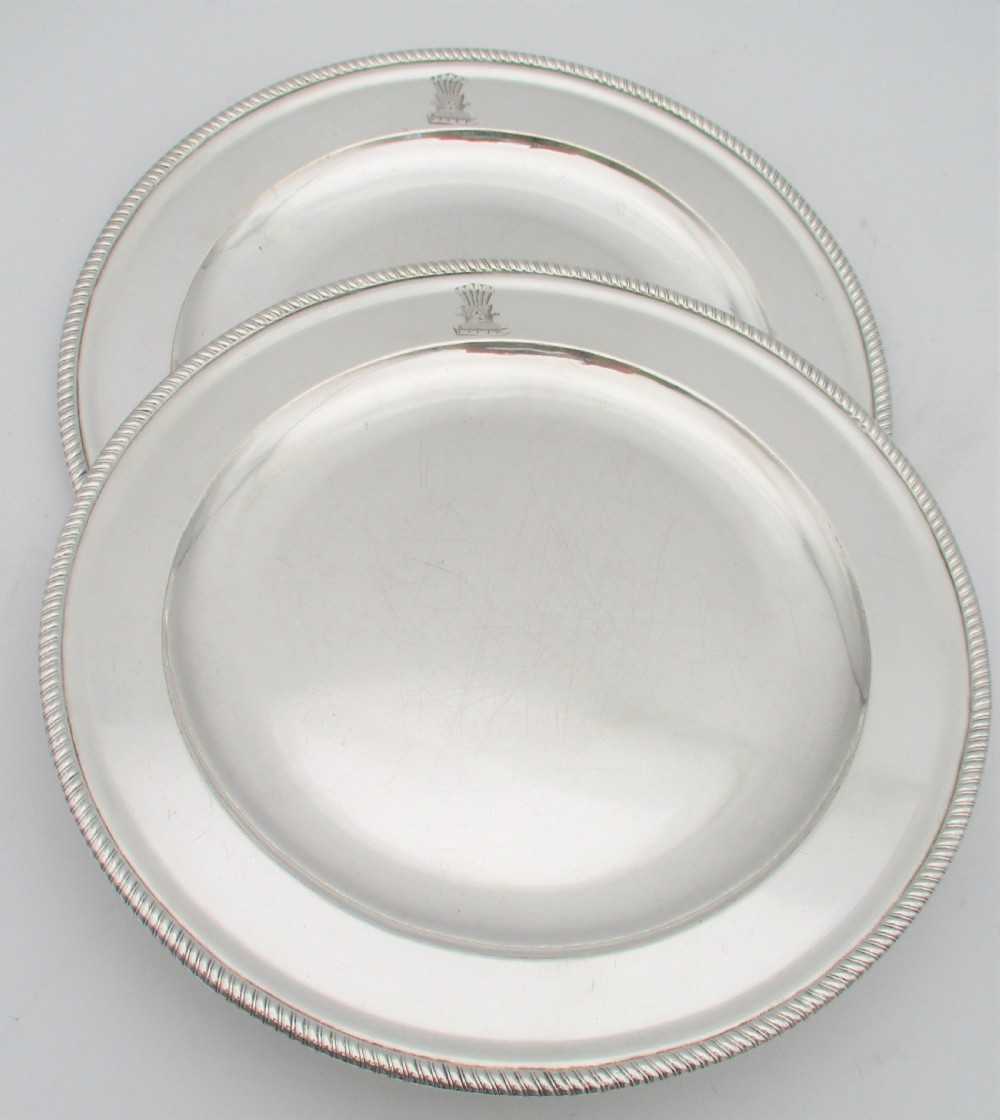 Fine Pair of Old Sheffield Plated Dinner Plates - Prince of Wales Crest View VIII