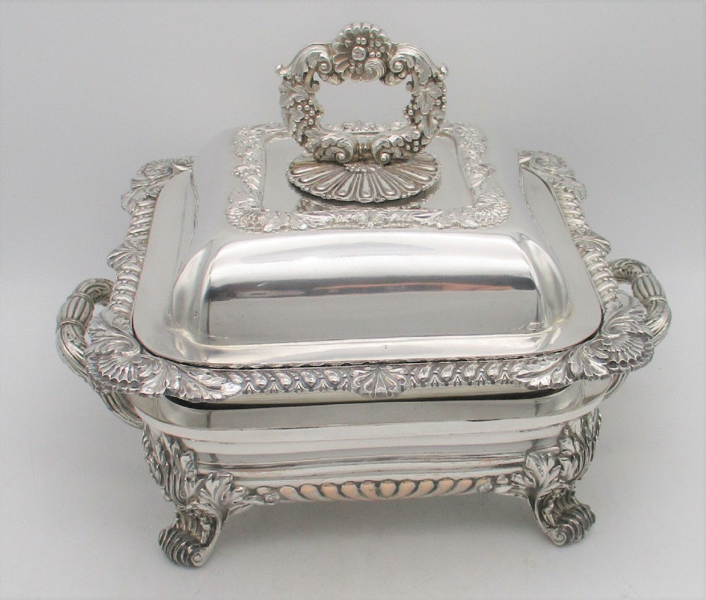 Unusual Square Old Sheffield Plated Tureen on Warming Stand c1820