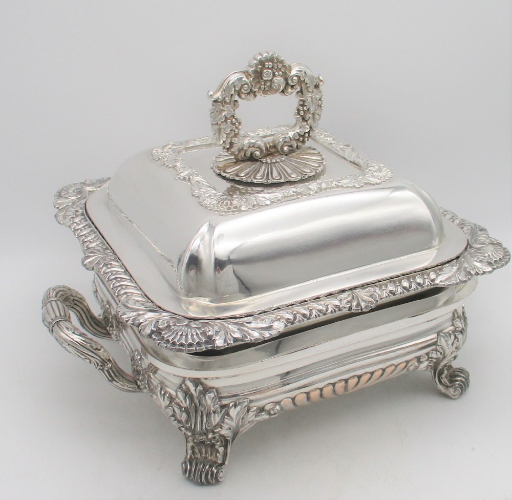 Unusual Square Old Sheffield Plated Tureen on Warming Stand c1820 View II