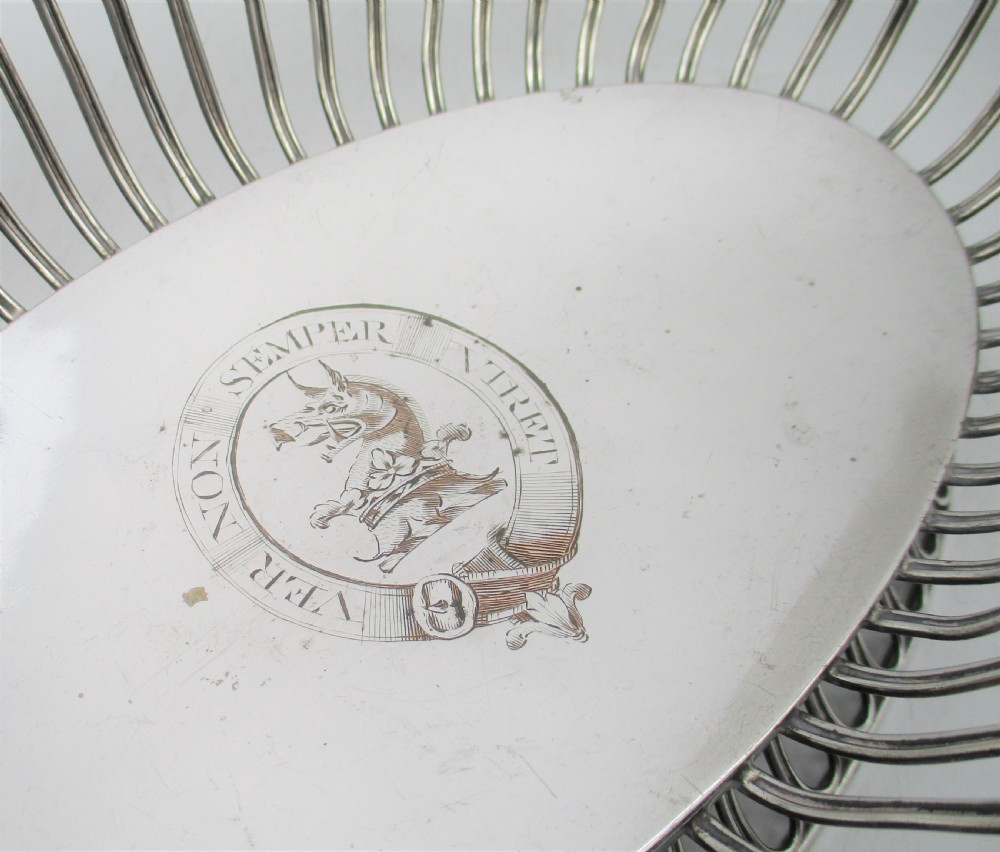 Fine Large Old Sheffield Plated Wire Work Basket with Vernon Family Crest View VI