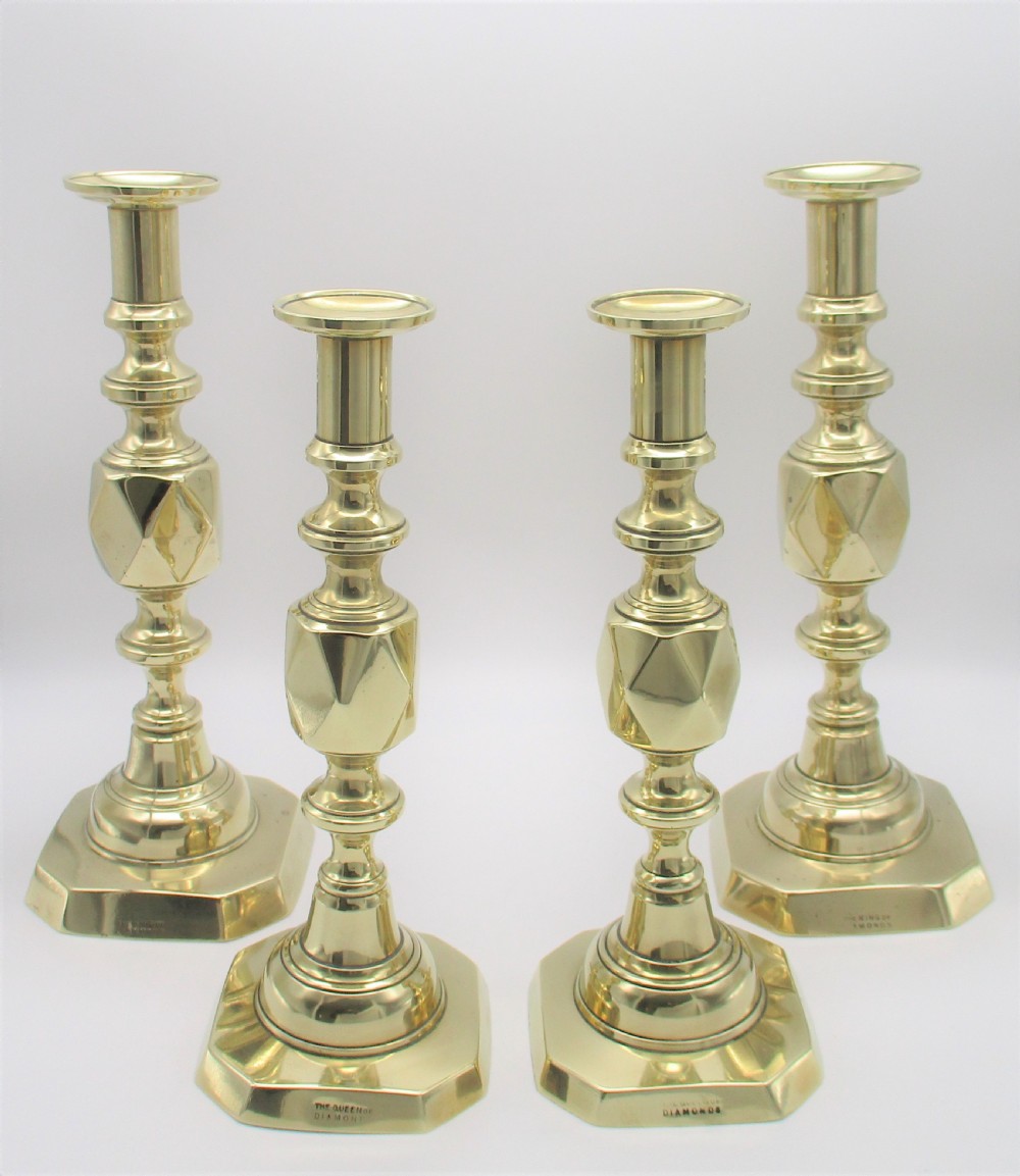 Set of 4 Brass Candlesticks - King & Queen of Diamonds 1897