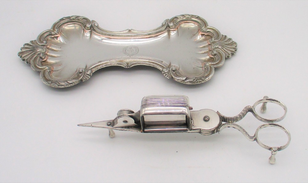 A Fine Pair of Old Sheffield Plated Candle Snuffer Snips on Tray
