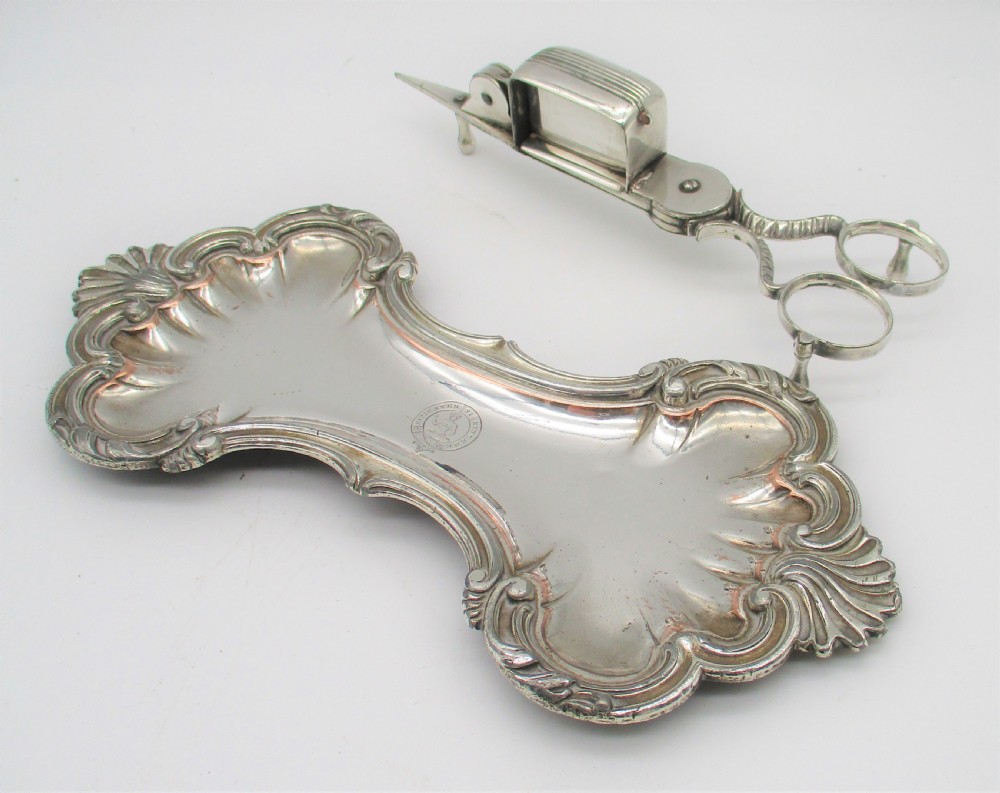 A Fine Pair of Old Sheffield Plated Candle Snuffer Snips on Tray View IV
