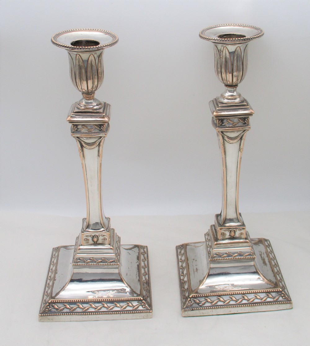 A Rare Pair of Old Sheffield Plated Candlesticks c1780 View III